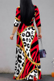 The cowboy blue Casual Street Leopard Print Zebra Print Chain print Lace Up Contrast V Neck Printed Dresses