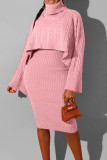 Pink Elegant Solid Color Patchwork Turtleneck Long Sleeve Two Pieces