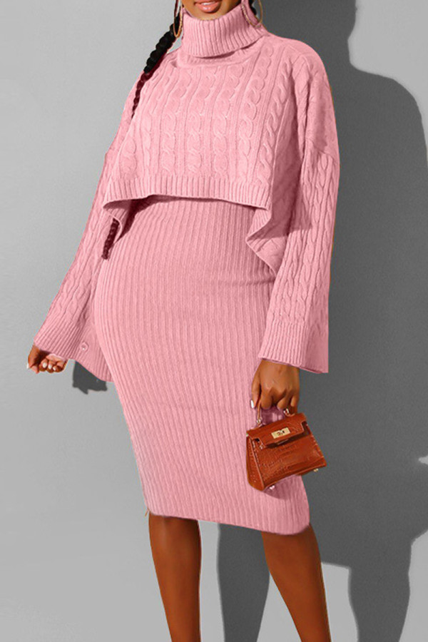 Pink Elegant Solid Color Patchwork Turtleneck Long Sleeve Two Pieces