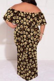 White Casual Print Patchwork Off Shoulder Long Plus Size Dresses