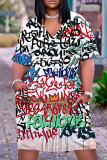 Black Casual Letter Print Basic V Neck Short Sleeve Plus Size Dresses