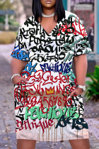 Black Casual Letter Print Basic V Neck Short Sleeve Plus Size Dresses