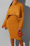 Pink Elegant Solid Color Patchwork Turtleneck Long Sleeve Two Pieces