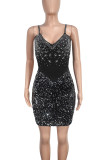 Black Sexy Sequins Patchwork Backless Zipper Spaghetti Strap Sling Dresses