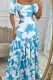 Blue Casual Print Hollow Out Backless Off Shoulder Long Dresses
