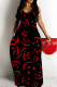 Black Red Sexy Casual Print Backless Spaghetti Strap Long Dresses