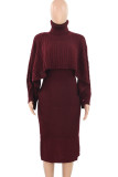 Pink Elegant Solid Color Patchwork Turtleneck Long Sleeve Two Pieces