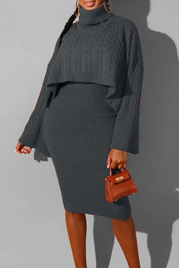 Dark Gray Elegant Solid Color Patchwork Turtleneck Long Sleeve Two Pieces