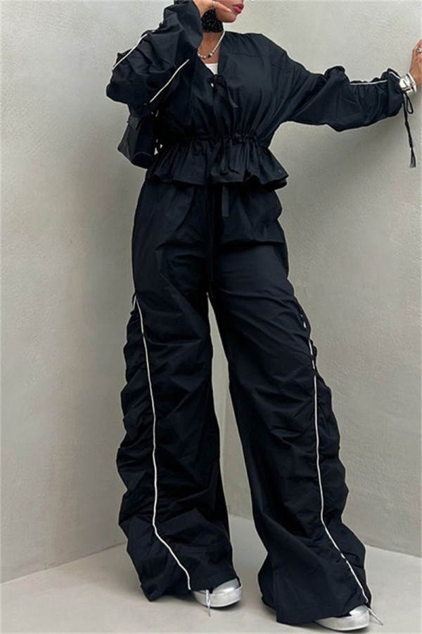 Black Casual Solid Color Ruched V Neck Long Sleeve Two Pieces