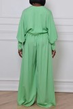 Light Green Casual Solid Color Belted Long Sleeve Two Pieces