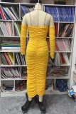 Yellow Sexy Solid Color Backless Ruched Strapless Wrapped Skirt Dresses