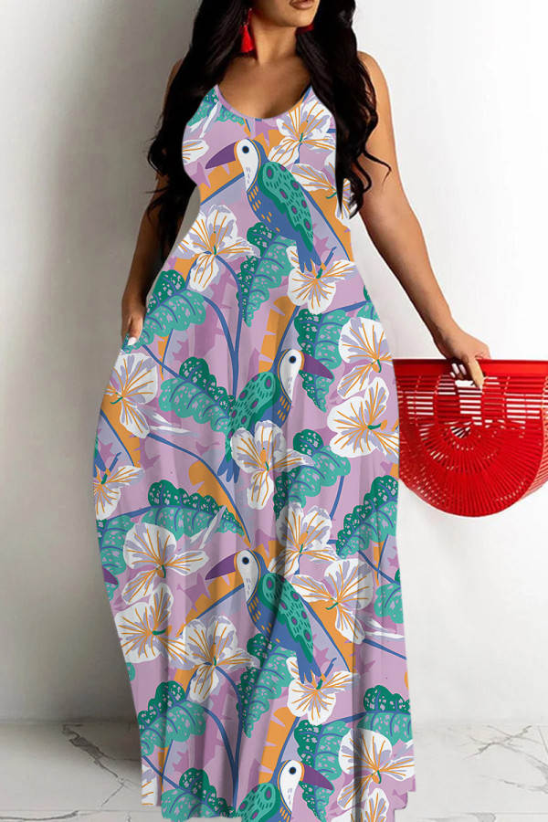 Light Purple Sexy Casual Floral Print Backless Spaghetti Strap Long Dresses