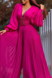Rose Red Elegant Solid Color Patchwork Beading Ruched Deep V Neck Loose Jumpsuits