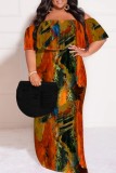 White Casual Print Patchwork Off Shoulder Long Plus Size Dresses