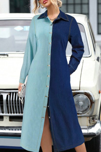 Blue Street Buckle Patchwork Contrast Turndown Collar Long Plus Size Dresses