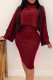 Red Elegant Solid Color Patchwork Turtleneck Long Sleeve Two Pieces