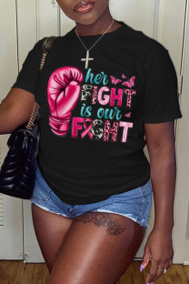Black Casual Street Graffiti Print Letters Contrast O Neck T-Shirts