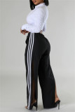 Black Casual Stripe Patchwork Slit Regular High Waist Conventional Patchwork Trousers