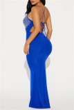 Red Sexy Formal Solid Color Backless Slit Hot Drill Spaghetti Strap Long Dresses