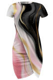 Pink Black Sexy Print Patchwork O Neck Wrapped Skirt Dresses