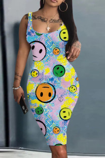 Baby Blue Casual Print Basic U Neck Vest Dresses