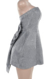 Silver Sexy Solid Color Patchwork Bow Decor Strapless Evening Dresses