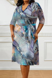 Tibetan Blue Casual Daily Floral Print Tie Dye Stripe Lace Up Contrast V Neck Printed Plus Size Dresses