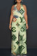 Light Green Casual Daily Letter Print Gradient Lace Up Backless Contrast Halter Loose Jumpsuits