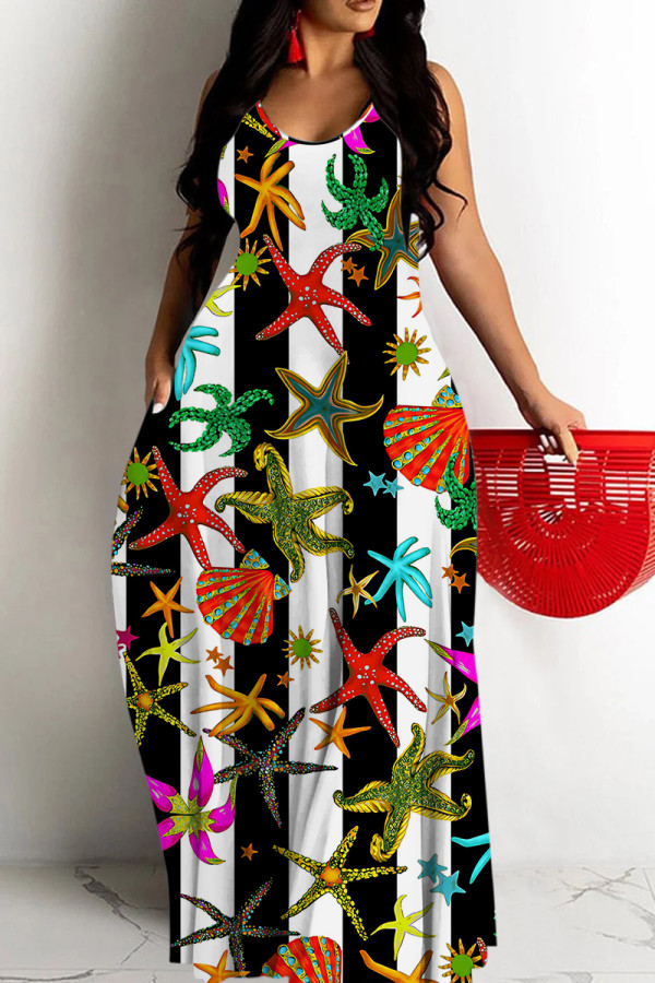 Stripe Sexy Casual Print Backless Spaghetti Strap Long Dresses