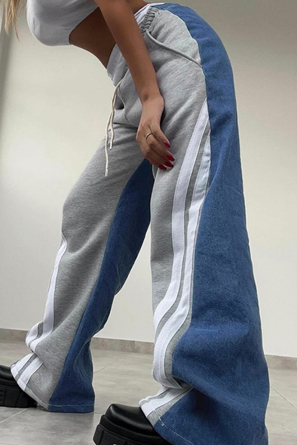 Grey Casual Stripe Draw String Patchwork Contrast Loose Mid Waist Wide Leg Patchwork Bottoms