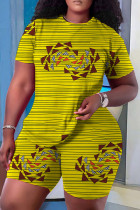 Yellow Casual Print Basic O Neck Short Sleeve Two Pieces