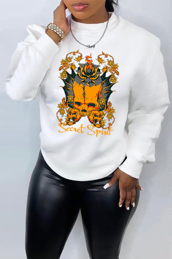 White Casual Street Skull Head Letter Print Flowers O Neck Tops