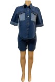Blue Casual Patchwork Pocket Turndown Collar Short Sleeve Two Pieces