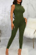 Green Casual Solid Color Patchwork O Neck Skinny Jumpsuits
