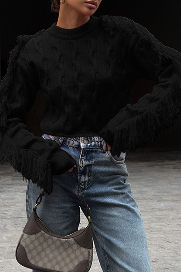 Black Casual Solid Color Fringed Trim Patchwork O Neck Tops