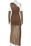 Khaki Sexy Solid Color Patchwork High Slit Oblique Collar Long Dresses(With Sleeves)