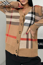Light Brown Street Plaid Buckle Patchwork V Neck Tops