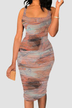 Red-brown Sexy Print Patchwork Square Neck Wrapped Skirt Dresses
