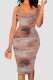 Red-brown Sexy Print Patchwork Square Neck Wrapped Skirt Dresses