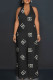 Black Gray Sexy Street Letter Print Lace Up Backless Contrast Halter Loose Jumpsuits
