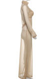 Skin Color Sexy Solid Color Patchwork Turtleneck Long Dresses