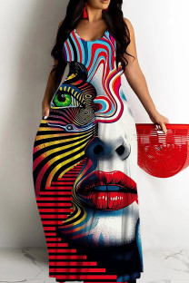 Red Sexy Casual Print Backless Spaghetti Strap Long Dresses