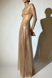 Skin Color Sexy Solid Color Patchwork Turtleneck Long Dresses