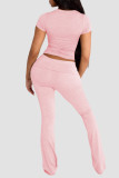 Pink Casual Solid Color Patchwork U Neck Short Sleeve Two Pieces