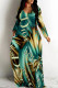 Green Casual Street Leaf Print Letters Pocket Contrast V Neck Printed Dresses