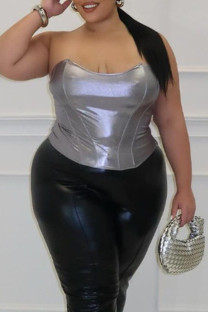Silver Sexy Solid Color Patchwork Backless Strapless Tops