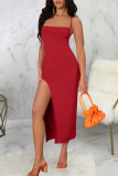 Red Elegant Solid Color Patchwork Backless Cross Straps Spaghetti Strap Sling Dresses