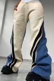 Apricot Casual Stripe Draw String Patchwork Contrast Loose Mid Waist Wide Leg Patchwork Bottoms