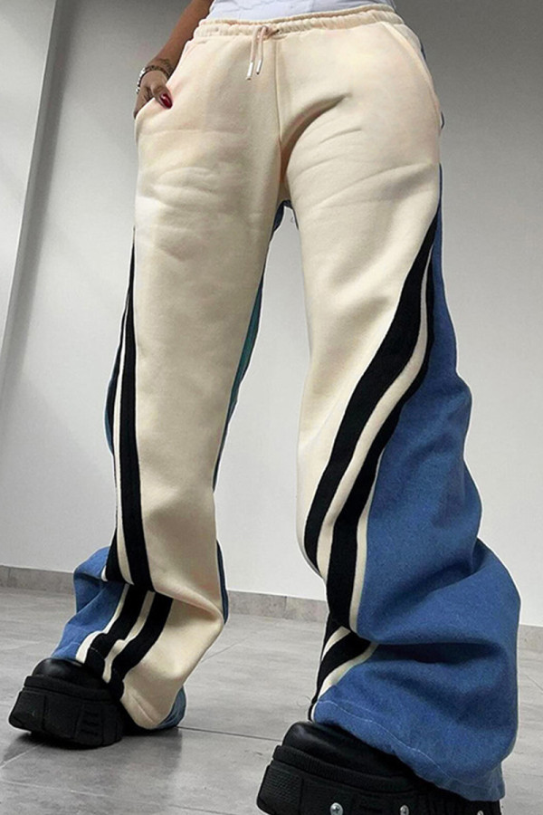Apricot Casual Stripe Draw String Patchwork Contrast Loose Mid Waist Wide Leg Patchwork Bottoms