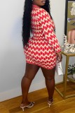 Red Casual Print Buttons Turndown Collar Long Sleeve Dresses